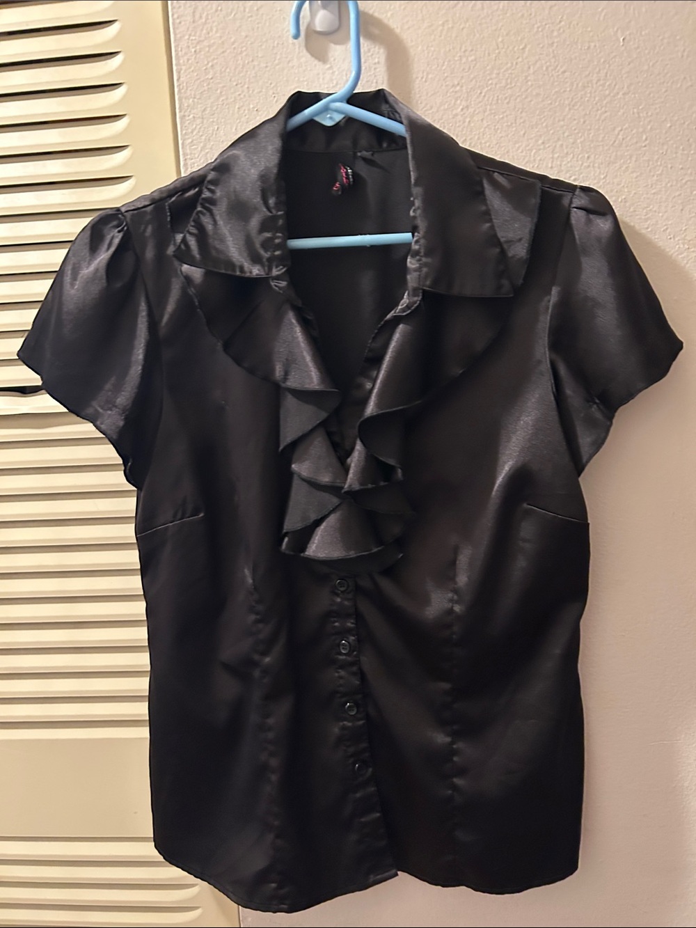 Notations Black Satin Ruffle-Front Short Sleeve Blouse